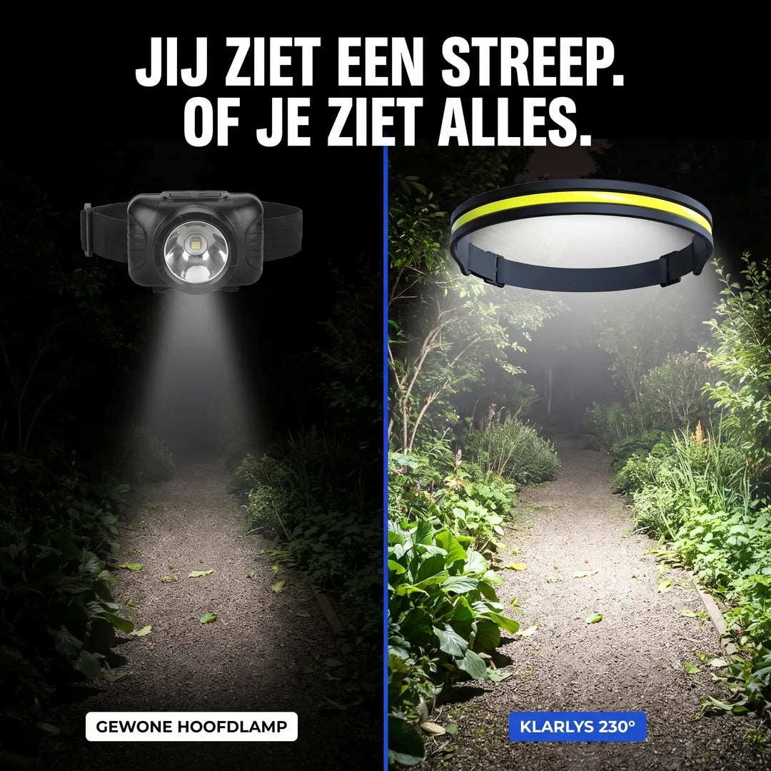 Vergelijking gewone hoofdlamp versus Klarlys 230 graden
