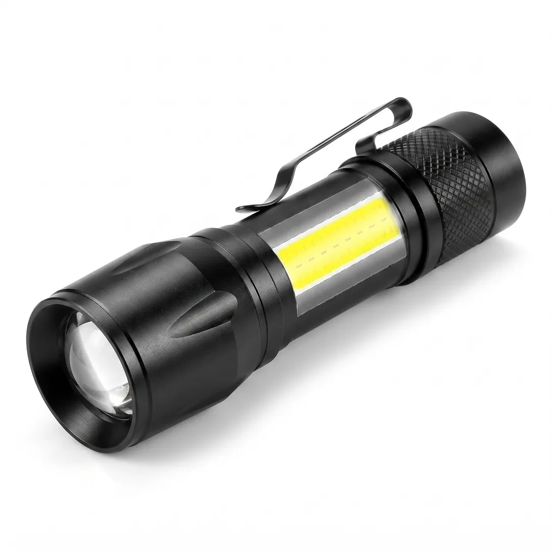 Mini-zaklamp met COB-zijlicht, zoomkop en penclip